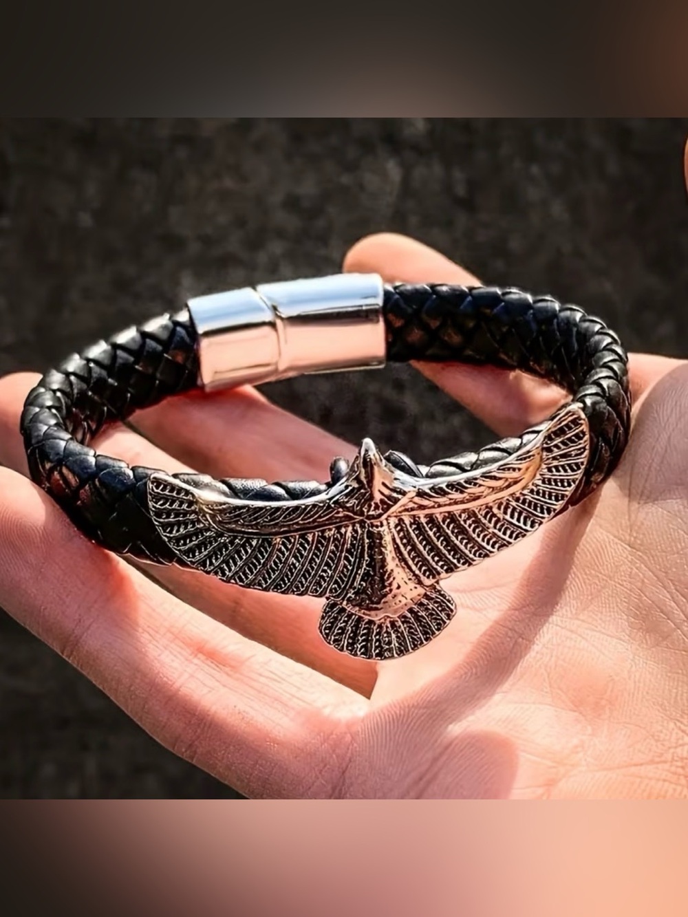 Black Braided Leather Bracelet with Silver Eagle Accent